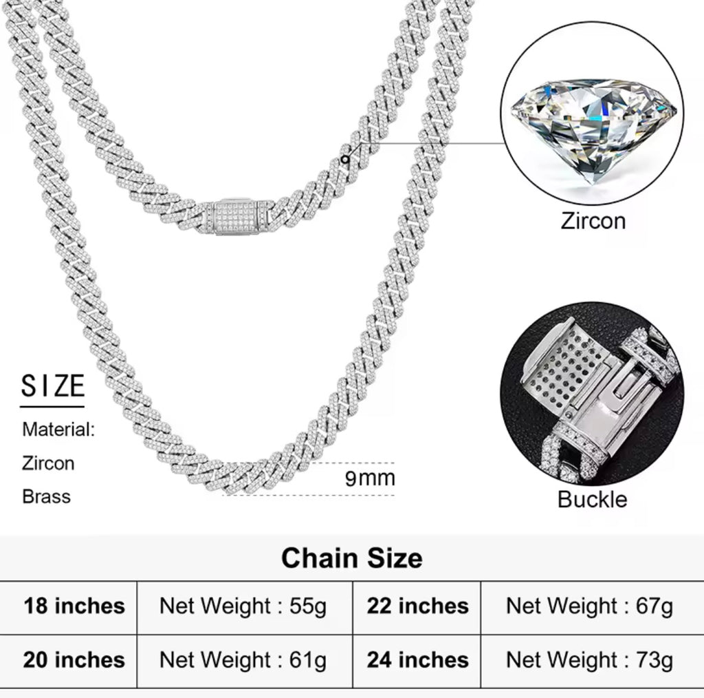 9mm 2 Row Crystal Micro Pave Iced Out CZ Miami Curb Cuban Link