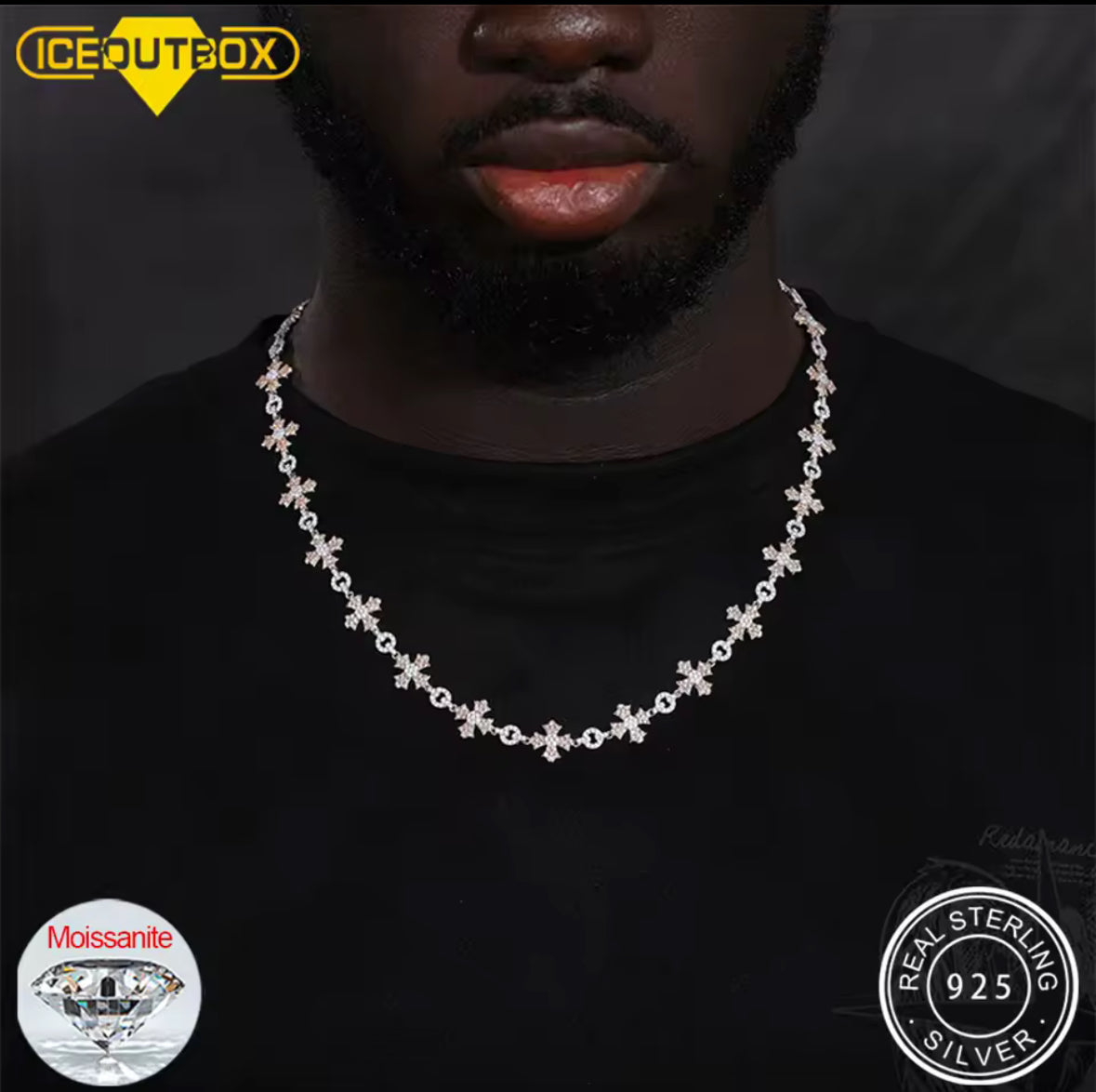 S925 Silver 12mm D Color Moissanite Corss Chain with Round Cut Stone For Men Women Iced Out